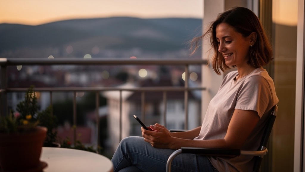 A young woman sitting on a busy café terrace in a pedestrian street in Prishtina in the early evening, smiling at her phone, warm street lamps, people strolling in the background