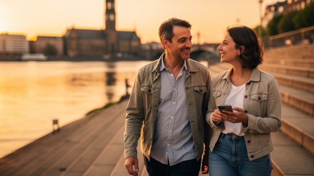 Ein Mann und eine Frau in hellen Jacken gehen lächelnd die Rheinuferpromenade in Düsseldorf entlang, sie hält ein Handy, hinter ihnen der Rhein, ein alter Turm mit Uhr und eine Brücke im goldenen Licht der untergehenden Sonne