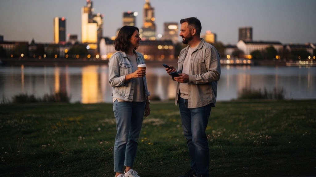 Eine Frau mit Kaffeebecher in der Hand und ein Mann mit Handy stehen in der Dämmerung auf einer Wiese am Mainufer in Frankfurt und unterhalten sich, hinter ihnen spiegelt sich die beleuchtete Skyline im Wasser