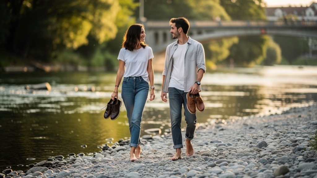 Eine kleine Gruppe junger Leute sitzt an einem Sommerabend auf den Kiesbänken der Isar in München, zwei von ihnen unterhalten sich lachend, im Hintergrund eine Brücke im goldenen Licht