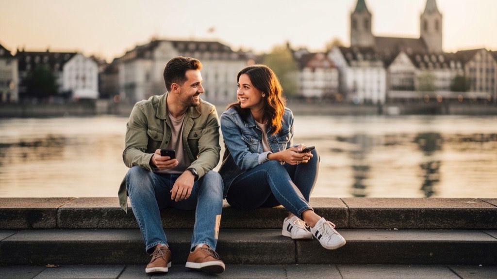 Eine junge Frau und ein junger Mann sitzen am Ufer der Limmat in Zürich auf einer Steinmauer, hinter ihnen Altstadthäuser im warmen Abendlicht